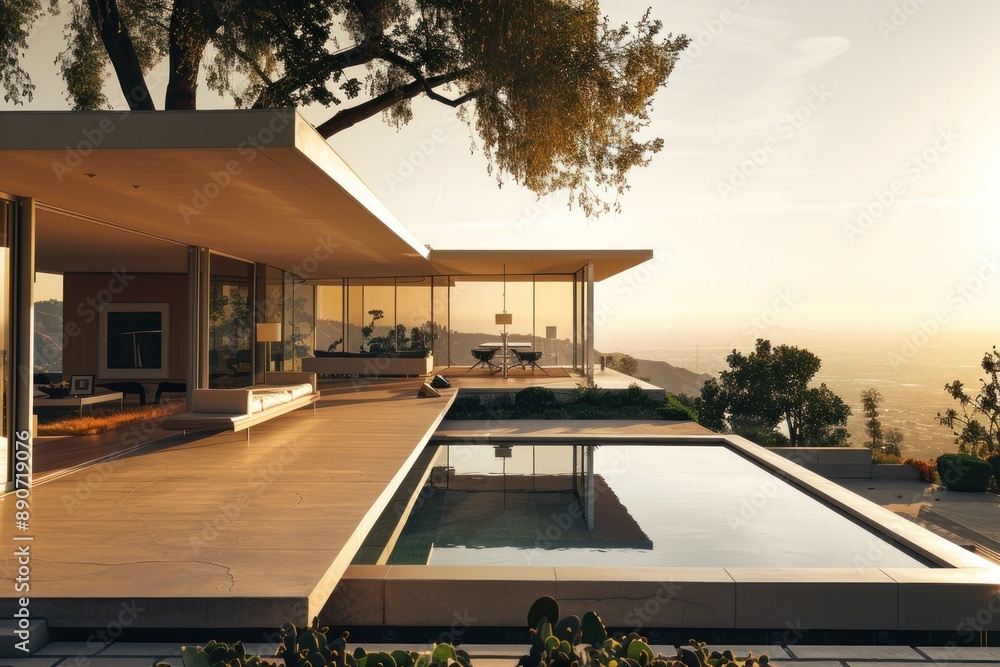 Poster a large house with a pool and a tree in the background