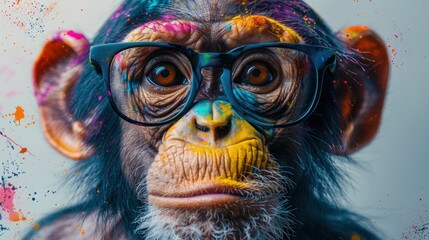 Funky Monkey in Colorful Eyeglasses with Paint Splatters on White Background