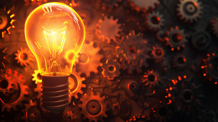 Glowing light bulb and cogwheel gears illustration background. Engineering mechanism settings, copy space, intelligence and creativity power