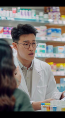 Fototapeta premium An empathetic asian pharmacist, wearing a white coat and glasses, is seen carefully providing prescription medications to a female customer at a modern drugstore, ensuring her well-being and health.