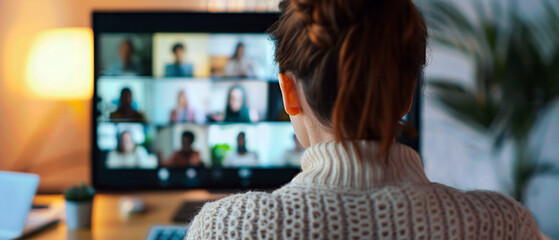 A person participating in a virtual meeting, viewed from behind, surrounded by a friendly online group on a computer screen.