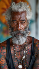 Portrait of a tattooed senior man with grey hair and beard