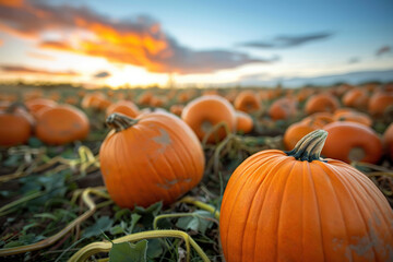 Vibrant pumpkin field at sunset with warm colors and lush greenery. Perfect for autumn-themed projects and seasonal decor.