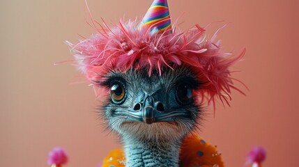 Fototapeta premium Emu Bird in Colorful Party Attire with Copy Space on Pastel Background - Creative Animal Concept for Birthday Party Invite