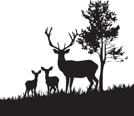 Deer with family black silhouette on white background 
