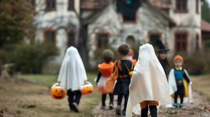 Children in costumes walk towards a spooky house, celebrating Halloween with excitement and creativity under a cloudy sky.