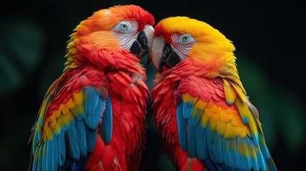 Cute Parrot Couple: Colorful Pet Portrait in Tree - Isolated Black Background