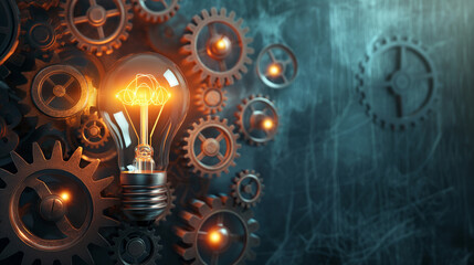 Glowing light bulb and cogwheel gears illustration background. Engineering mechanism settings, copy space, intelligence and creativity power