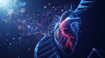 Human heart organ anatomy with DNA sequence illustration. Medicine science technology research concept, genetic biology laboratory diagnosis, disease treatmen