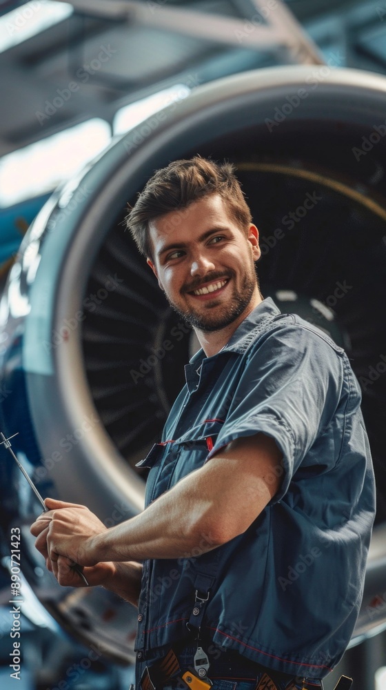 Poster a man is smiling and standing in front of an airplane engine