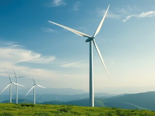 Wind turbines on a grassy hillside on a clear day, producing renewable energy with blue sky in the background.