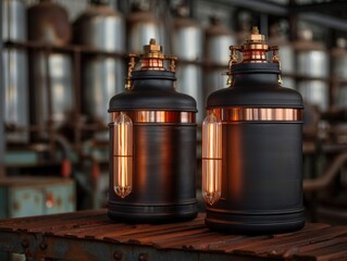 Vintage industrial containers with glowing light, set in a rustic factory environment, showcasing a steampunk aesthetic.