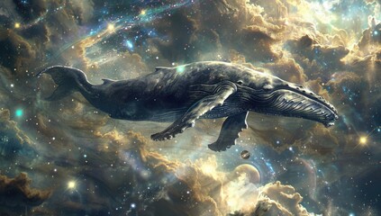 Obraz premium A humpback whale swimming through the depths of space, surrounded stars and galaxies in an ethereal cosmic setting. 