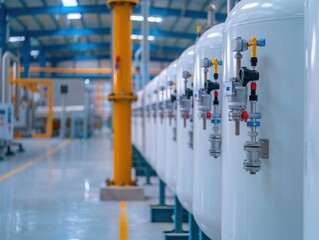 Industrial storage tanks in a modern factory setting, showcasing advanced manufacturing and production technology.