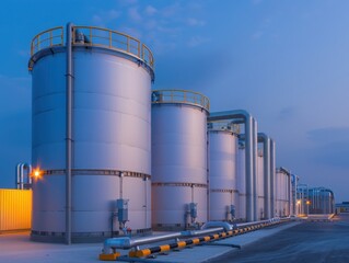 Obraz premium Industrial storage tanks at a chemical plant during sunset, showcasing large metallic structures and industrial architecture.