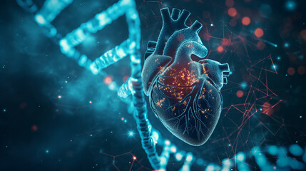 Human heart organ anatomy with DNA sequence illustration. Medicine science technology research concept, genetic biology laboratory diagnosis, disease treatmen