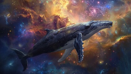 A humpback whale swimming through the depths of space, surrounded by swirling galaxies and nebulae. 