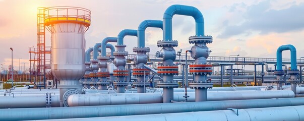 Fototapeta premium Industrial gas pipes and valves in a refinery at sunset, showcasing infrastructure and energy industry.