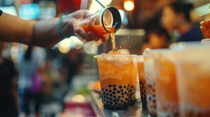 A vendor pouring bubble tea into a cup
