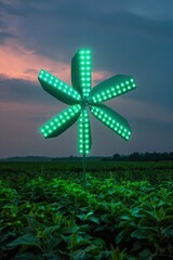 Green LED wind turbine glowing in a field of crops during sunset, showcasing sustainable energy technology amidst nature.