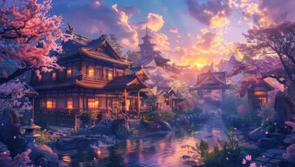Fototapeta premium Beautiful Japanese landscape with traditional houses and cherry blossoms, colorful clouds in the sky, and an enchanted river flowing through a lush garden. 