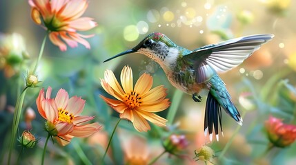 Fototapeta premium A watercolor painting of a beautiful hummingbird hovering near a cluster of yellow and pink blooms, with the sunlight creating a soft, glowing effect.