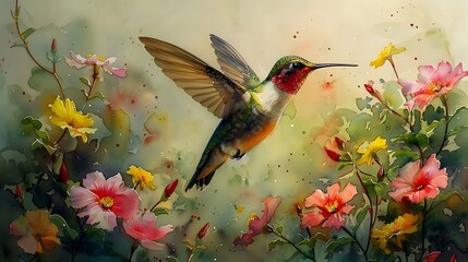 A watercolor painting of a beautiful hummingbird hovering near a cluster of yellow and pink blooms, with the sunlight creating a soft, glowing effect.