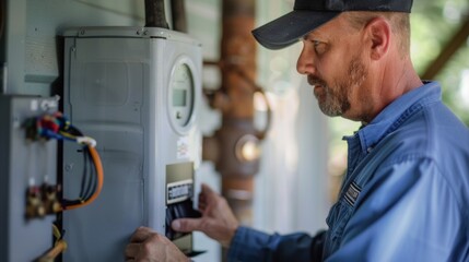 close-up of male plumber fixing thermostat