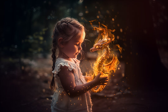 A little firebender girl with flames and a small dragon inm her hands. Magical sorceress girl performing a fire spell.