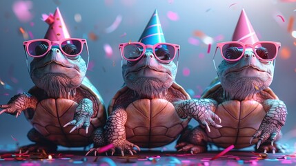 Festive Turtles in Party Hats and Sunglasses - Happy Birthday, Carnival, New Year's Eve, Sylvester, or Other Celebrations - Funny Animal Card