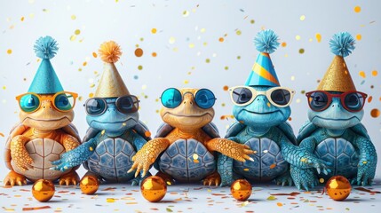 Festive Turtles in Party Hats and Sunglasses - Happy Birthday, Carnival, New Year's Eve, Sylvester, or Other Celebrations - Funny Animal Card