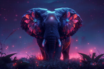 A magnificent hybrid elephant with butterfly wings as ears. Mystical indigo magic creature with glowing neon mandala on forehead.