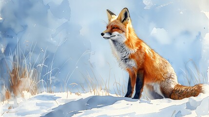  A watercolor painting of a curious fox exploring a snow-covered landscape, with the fox's bright red fur contrasting against the white snow.