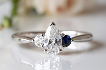 A sophisticated engagement ring featuring a stunning pear-shaped diamond flanked by a round diamond and a sapphire, set in a sleek platinum band.