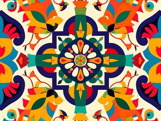 An abstract design with bold colors and Hispanic cultural motifs
