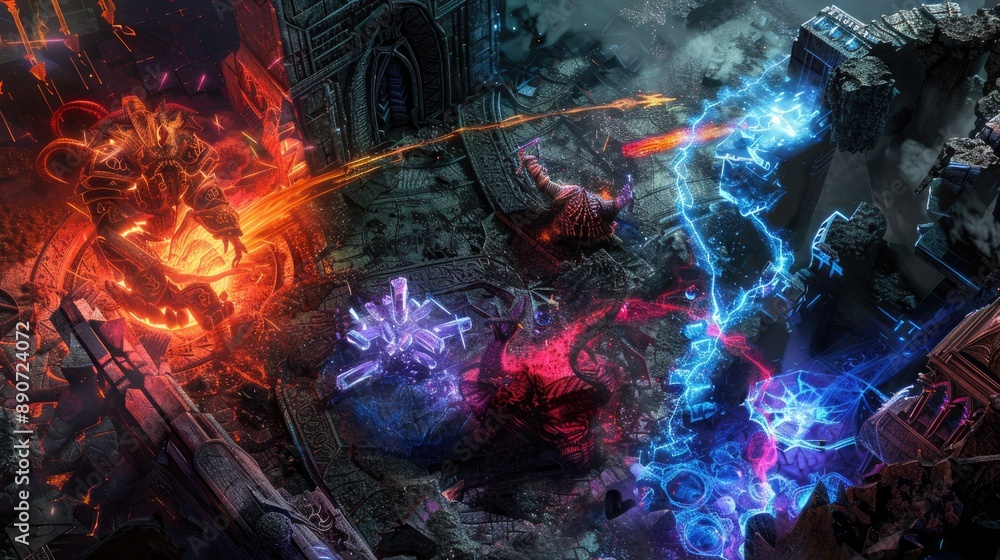 Wall mural an epic confrontation between titanic golems of crystal and shadow within a labyrinth of ancient, gl