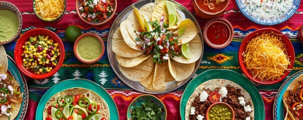 Colorful Taco Platter with Assorted Toppings on Festive Tablecloth.