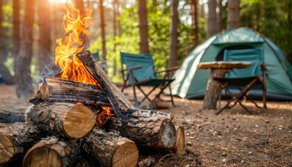Campfire Burning in Forest Setting, with Tent and Chairs in Background, Evoking Outdoor Adventure