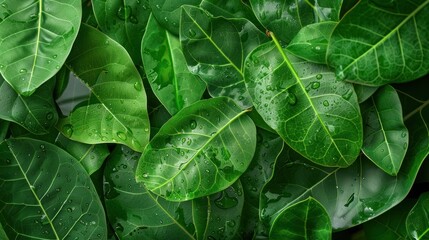 Fototapeta premium Close-up of Lush Green Leaves with Dew Drops