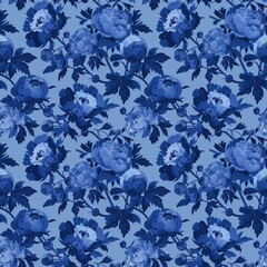A seamless pattern of blue peonies and leaves, with intricate floral motifs, shades of blue are used in the design. This pattern is perfect for printing on fabric or wallpaper