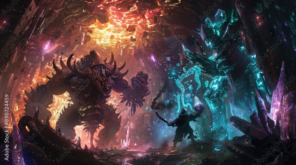 Wall mural an epic confrontation between titanic golems of crystal and shadow within a labyrinth of ancient, gl