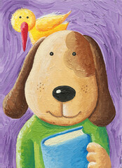 A cute dog with a book and bird on the head