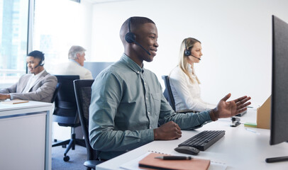 Customer service, call center and African man on computer for insurance sales, online help and...