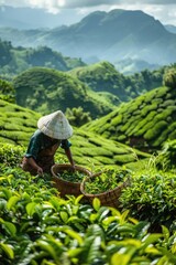 A photographic image of a tea plantation worker in a lush green field, picking tea leaves by hand, with baskets filled with fresh leaves