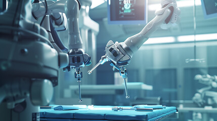 A high-tech operating room showcasing robotic arms performing precise surgery.