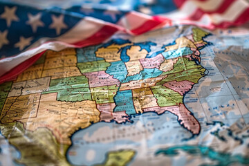 Naklejka premium Close-up of a USA map with the American flag draped over it, highlighting the geographical and patriotic elements