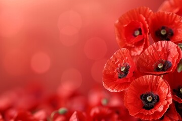 Vibrant red poppy flowers close up on blurred field background, border design with copy space
