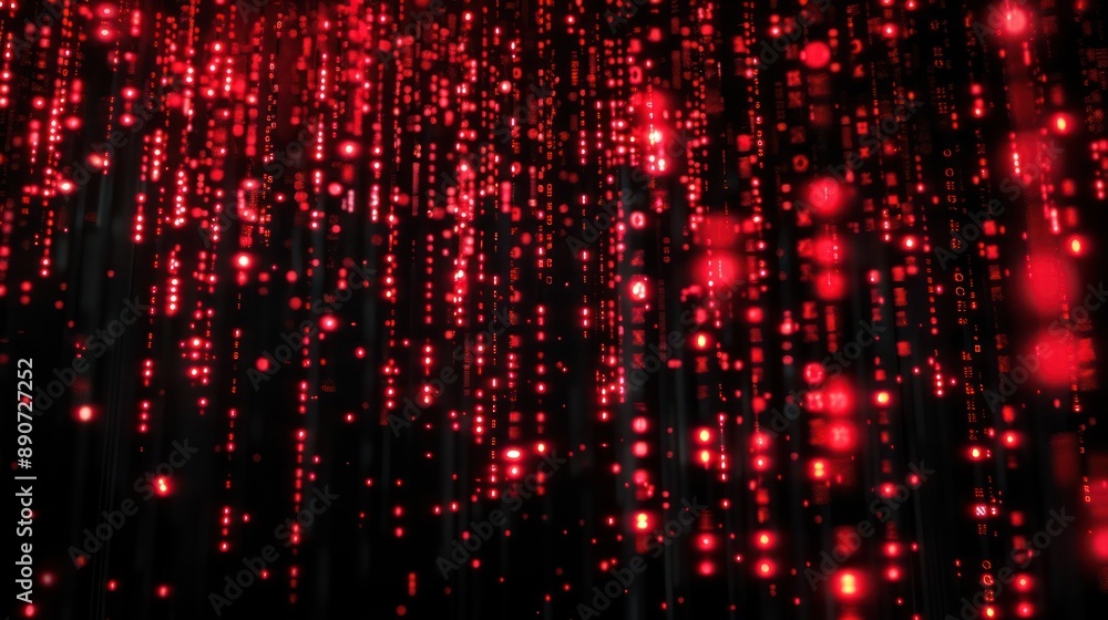 Poster glowing red streams of falling code against a deep black background, creating a striking 3d digital 