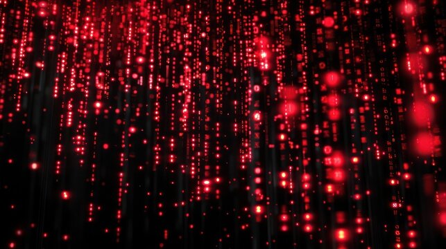 Glowing red streams of falling code against a deep black background, creating a striking 3D digital rain aesthetic