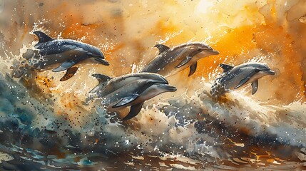 A watercolor painting of a group of dolphins joyfully leaping through the ocean waves, with the sun setting in the background and casting a warm golden light.